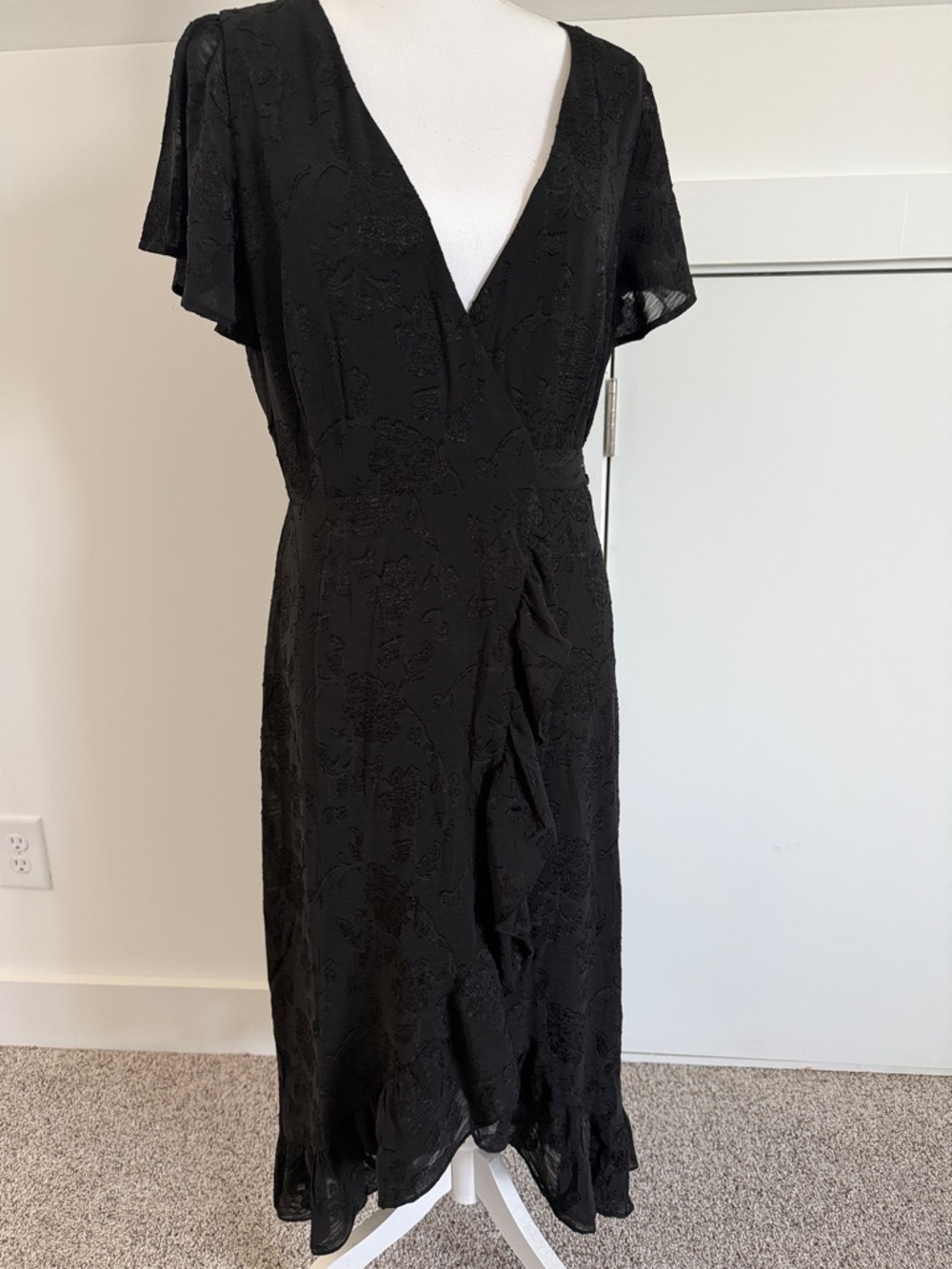 Black V-Neck Midi Dress with Flutter Sleeves